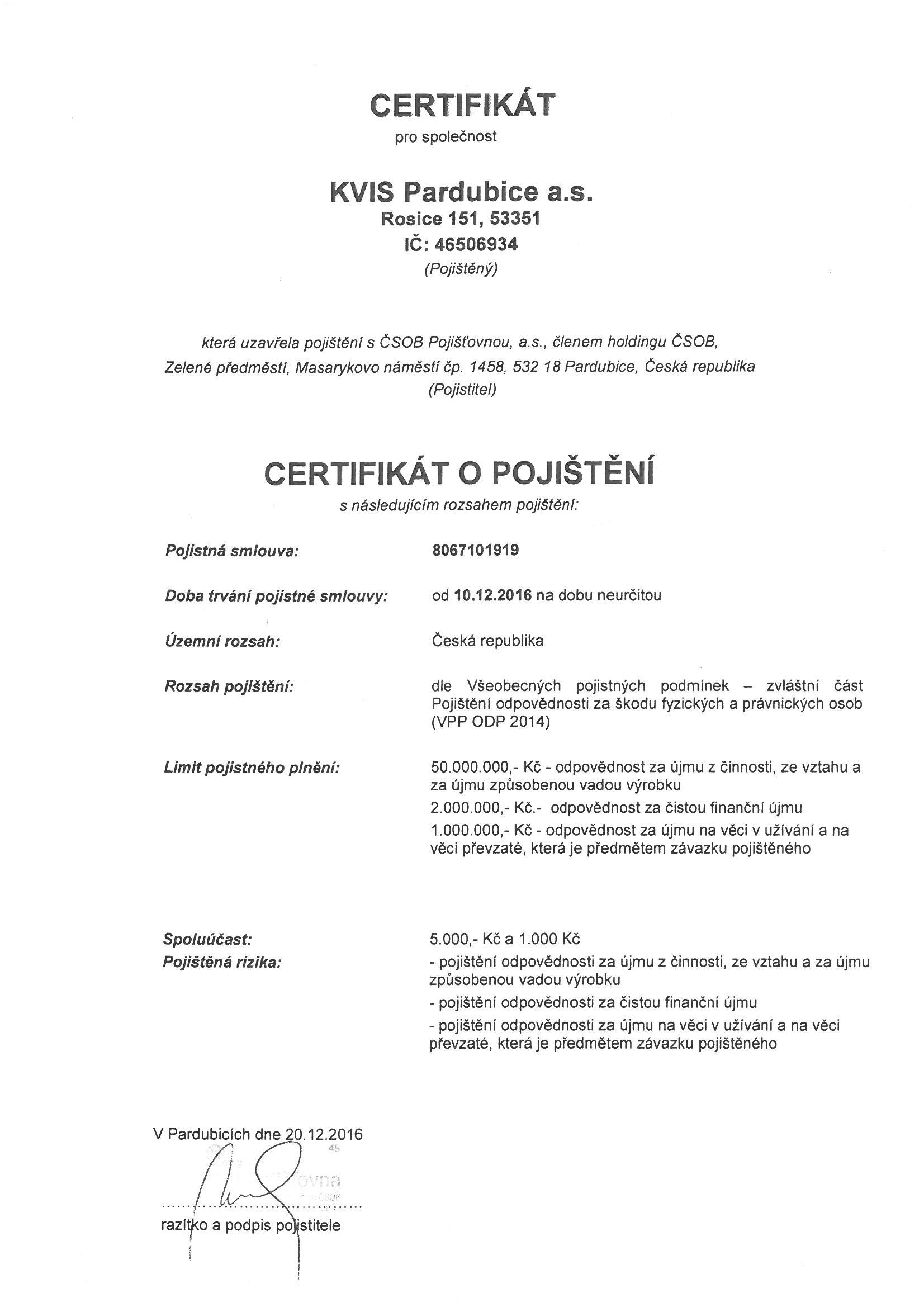 Certifikát O Pojištění